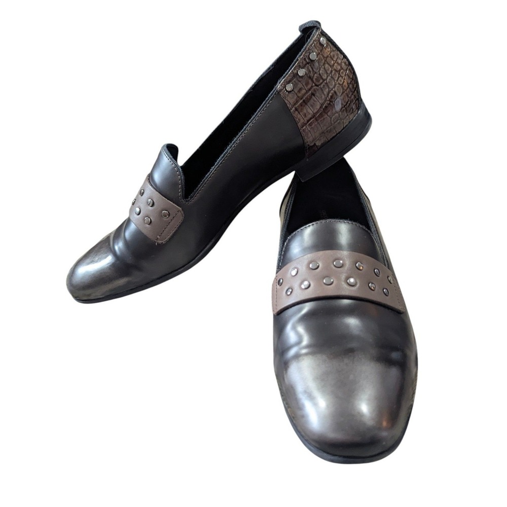Geox Respira Womens Black Brown Leather Studded Croc Loafers Size 36 Flats